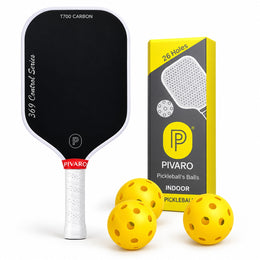 PIVARO 369 Control Series pickleball paddle with three yellow indoor balls and packaging